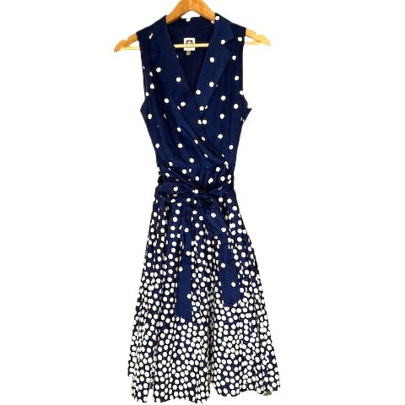 Anne Klein Navy Blue Polka Dot Faux Wrap Dress - Size 6 - Picture 2 of 4